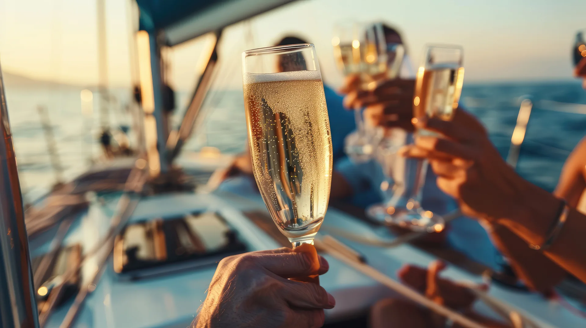 Friends raising glasses on board a yacht