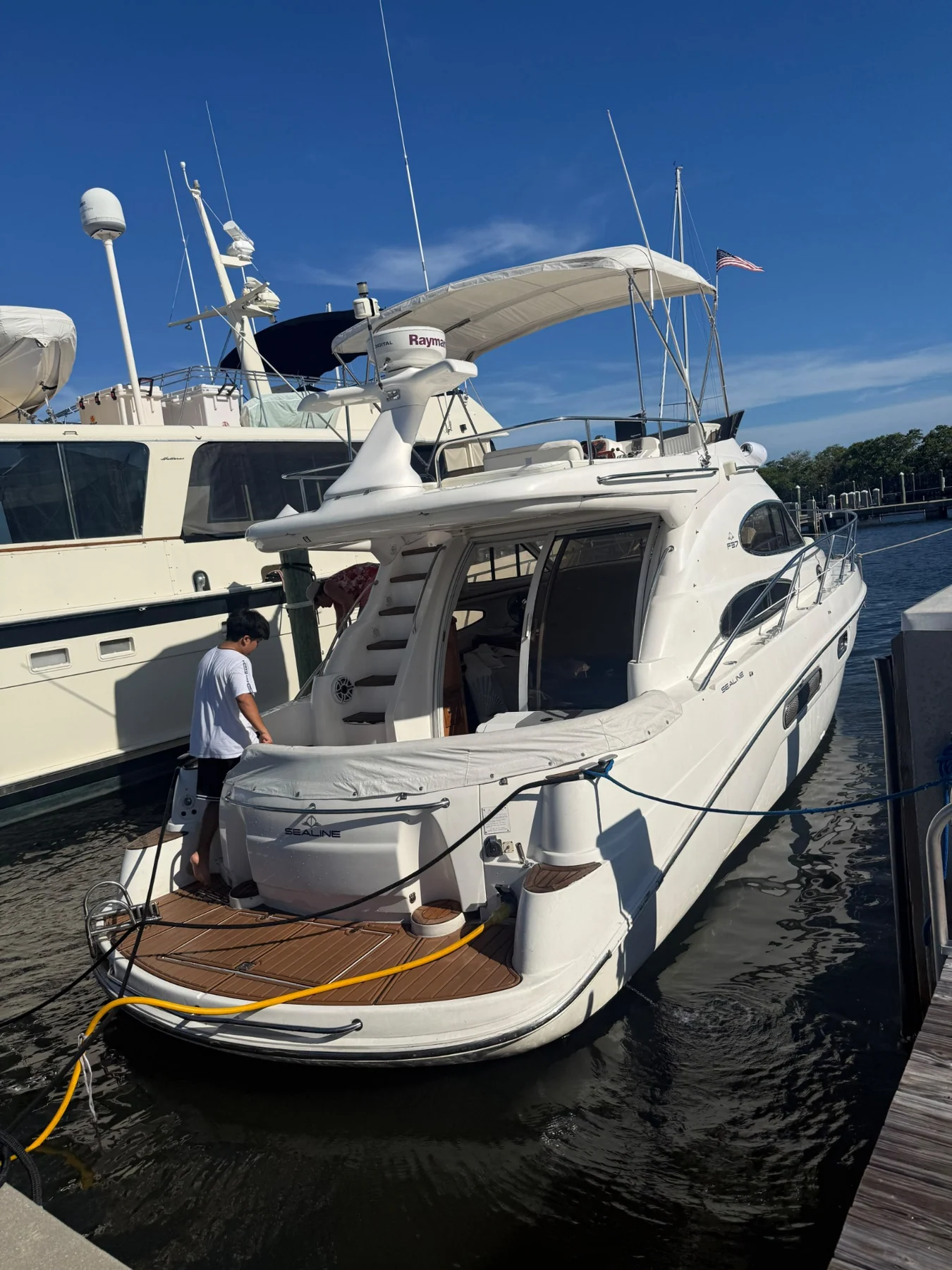 Joaquín yacht dockside, viewed from the rear