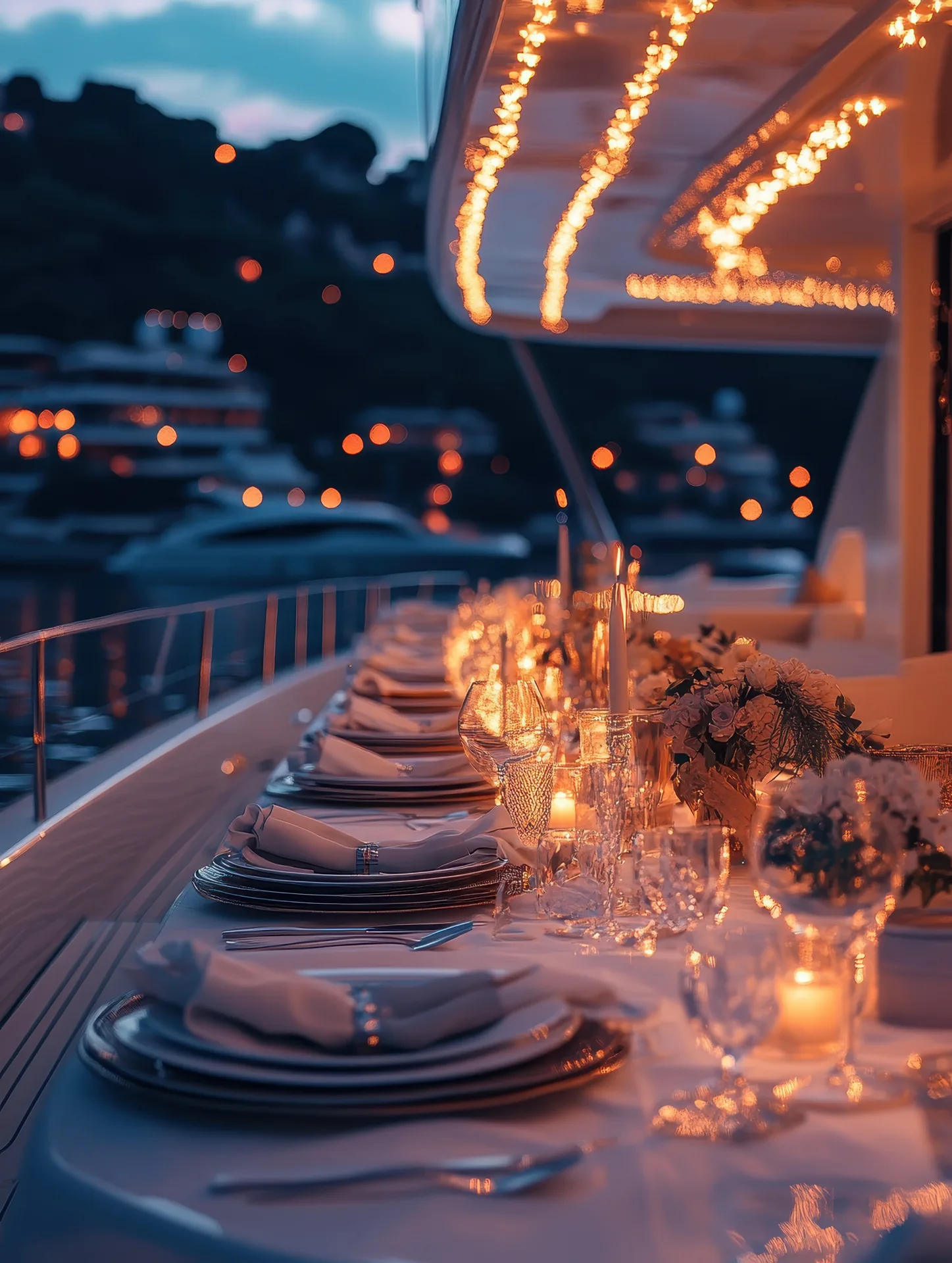 An evening table setting on a yacht
